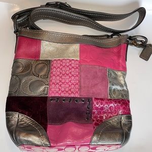Coach Holiday Patchwork F12863 Pink Gray Mixed Textiles Leather Shoulder Bag